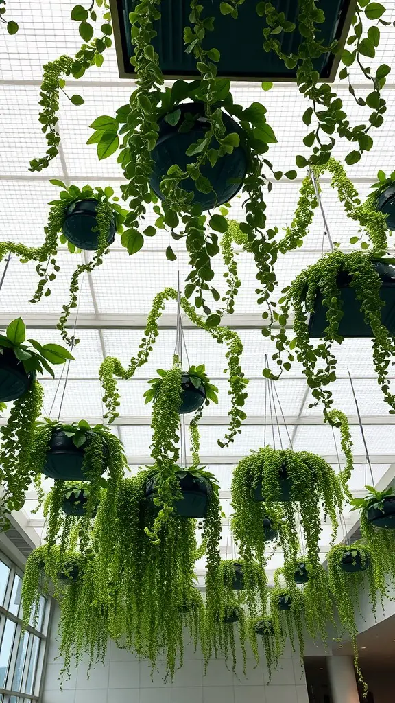 17 Creative Hanging Garden Ideas to Enhance Your Space 6 A ceiling grid with hanging planters filled with vibrant green plants.