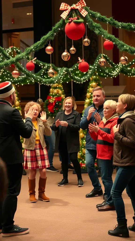 21 Creative Christmas Baby Shower Ideas You’ll Love 16 Guests participating in a jingle bell toss game at a Christmas-themed baby shower.