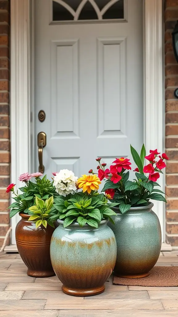 19 Stunning Front Door Planter Ideas to Elevate Your Entryway 17 Three ceramic glazed planters with vibrant flowers in front of a door.