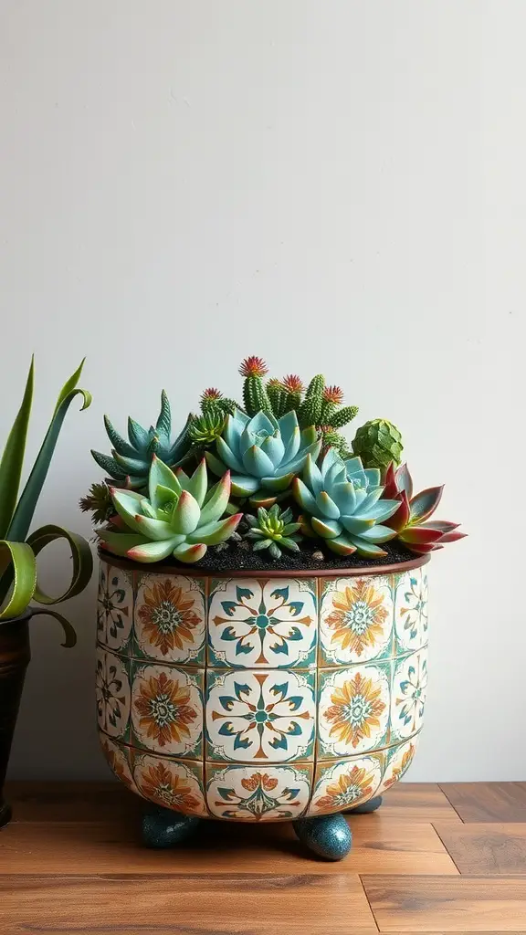 A ceramic tile plant stand filled with succulents, showcasing colorful patterns.