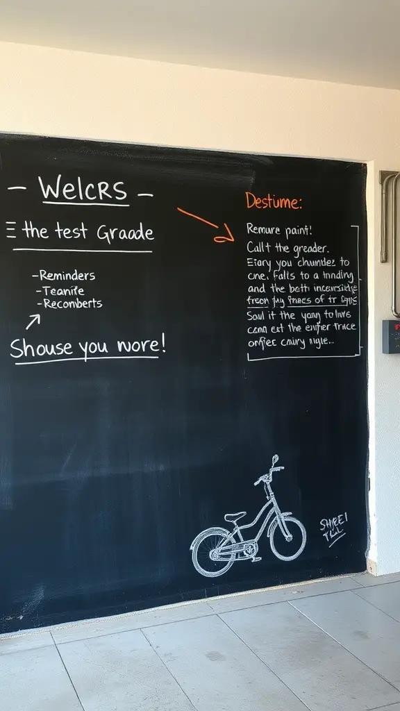 Chalkboard wall with notes and a drawing of a bike