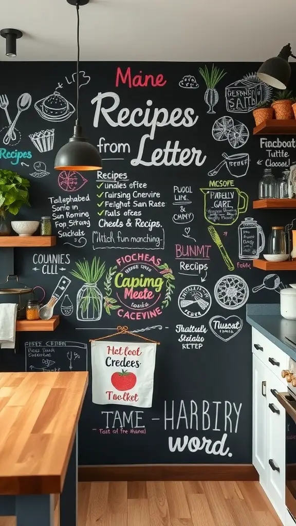 27 Whimsical Kitchen Ideas to Transform Your Cooking Space 8 Chalkboard wall in a kitchen filled with colorful recipes and doodles