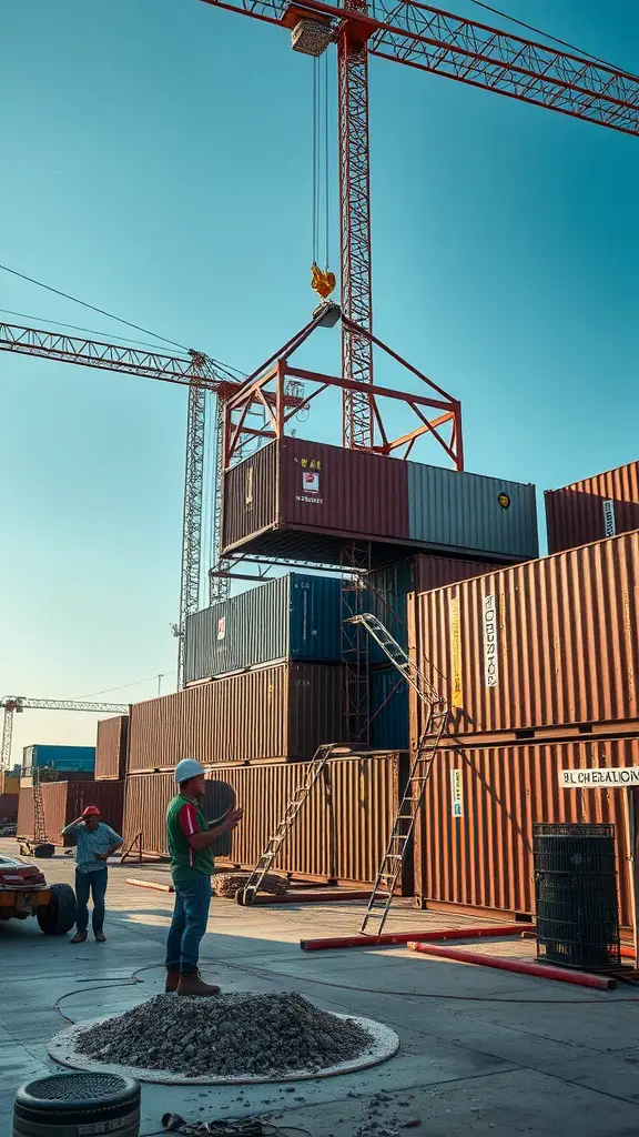 23 Innovative Storage Container Homes You Need to See 14 Construction site with workers managing shipping containers being lifted by a crane.