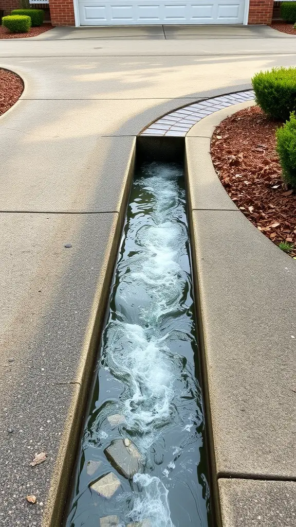 25 Creative Yard Drainage Ideas to Transform Your Outdoor Space 11 A channel drain in a driveway directing water flow away efficiently.