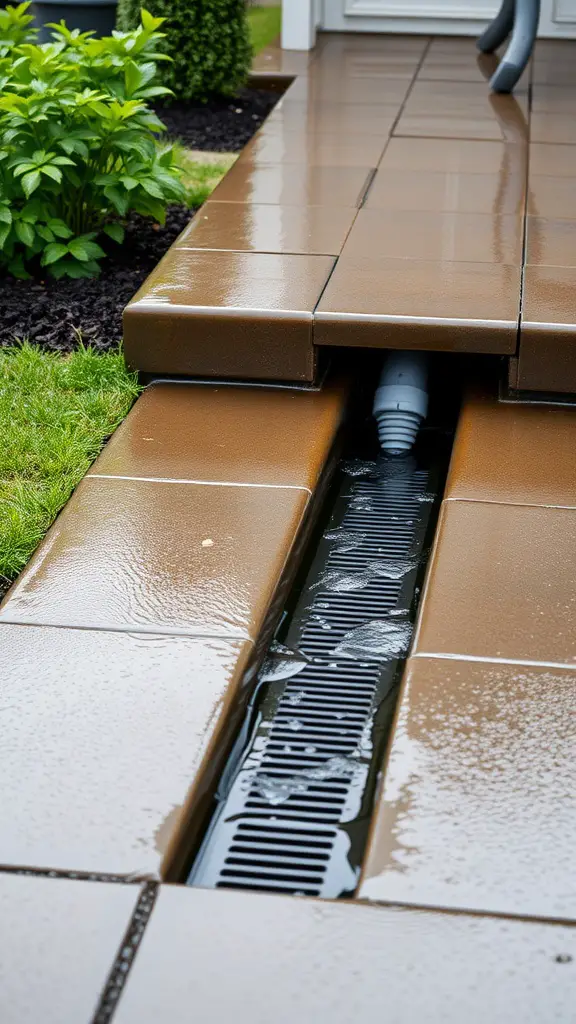 A channel drain installed between paving stones on a patio, with water flowing into it.