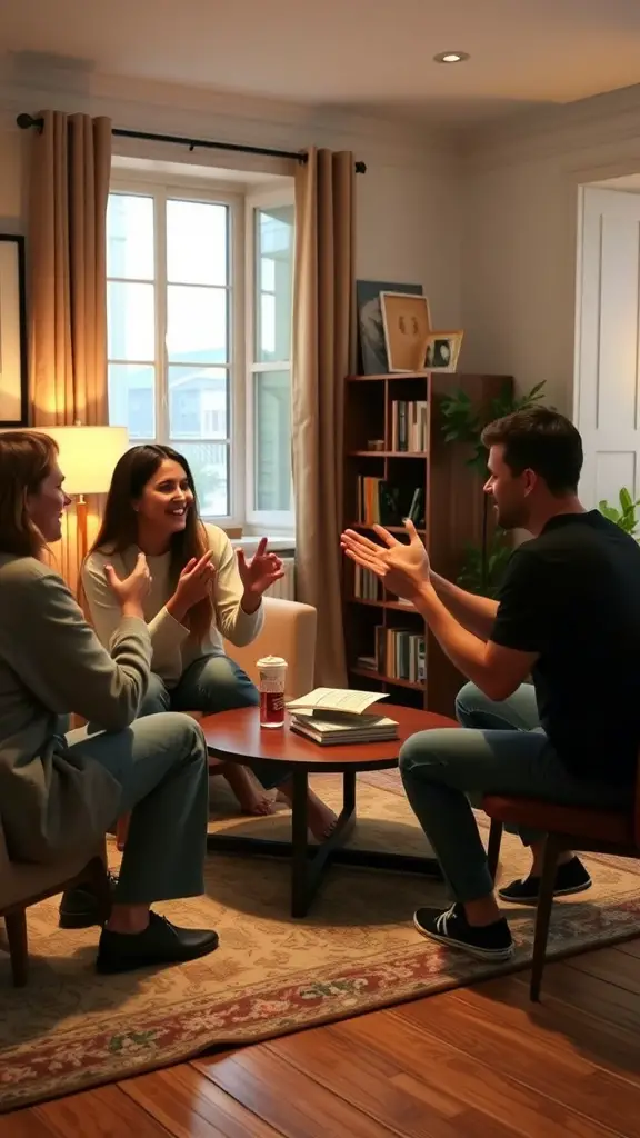 19 Fun Games for Adults to Enjoy at Your Next Gathering 15 A group of friends playing charades in a cozy living room setting.