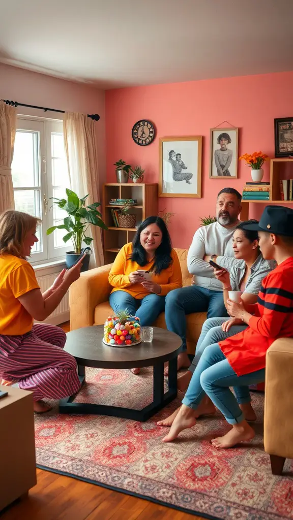 A group of friends playing charades in a cozy living room, showing excitement and laughter.