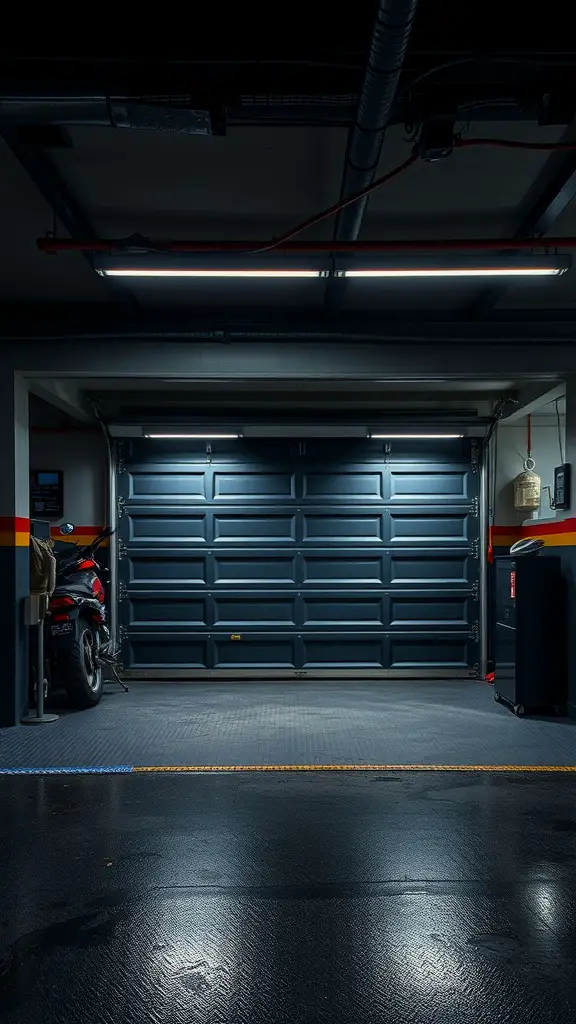 A charcoal black garage door with modern lighting and a sleek floor, showcasing a stylish garage design.