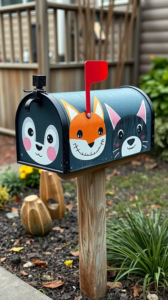 15 DIY Painted Mailbox Ideas to Brighten Your Curb Appeal 2 A painted mailbox featuring cute animal portraits of a dog, fox, and cat, with a red flag.