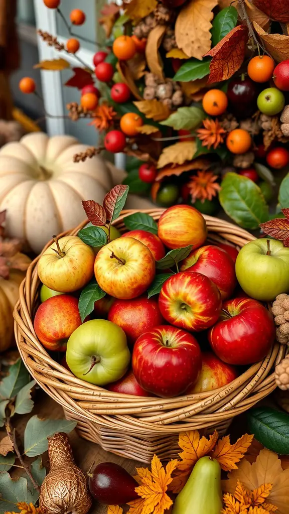 A basket of colorful apples surrounded by autumn leaves and small pumpkins, showcasing a charming fall display.