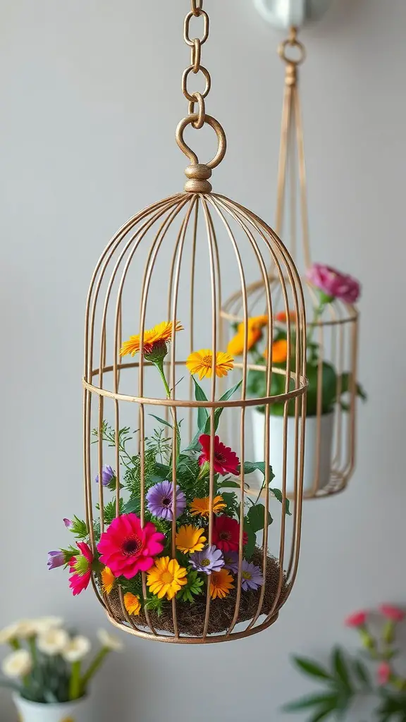 17 Creative Hanging Garden Ideas to Enhance Your Space 15 Hanging birdcage planters filled with colorful flowers.