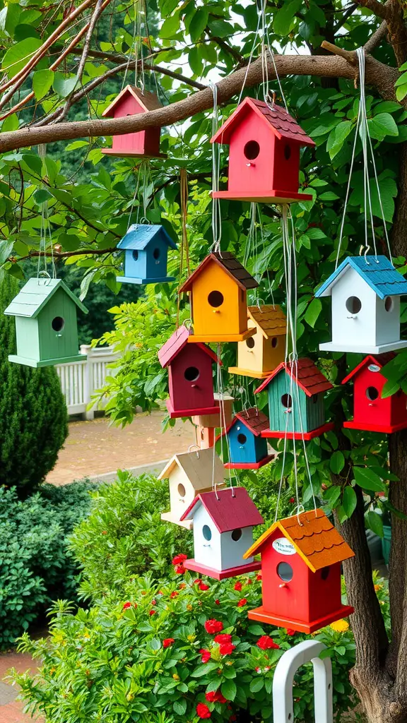 Colorful vintage birdhouses hanging from a tree branch in a lush garden