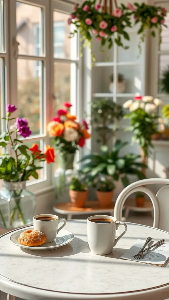 A cozy sunroom setup featuring a small white bistro table with two cups of coffee and a pastry, surrounded by colorful flowers and sunlight.