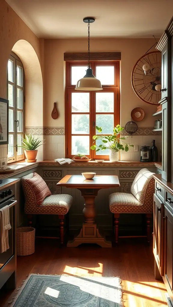 A cozy breakfast nook with a wooden table, comfortable chairs, and plants by the window.