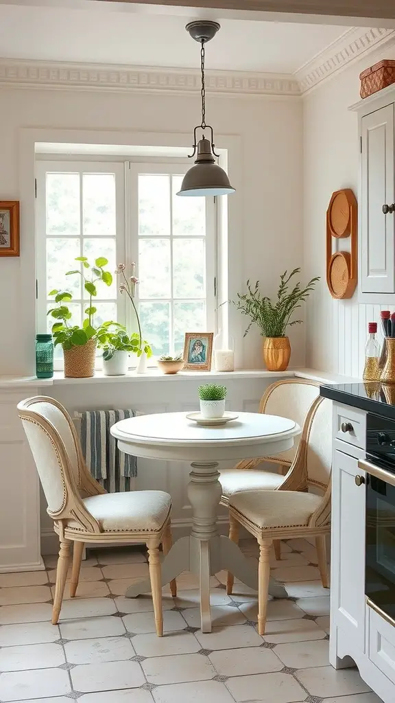 Cozy breakfast nook with a round table, two chairs, and plants by the window.