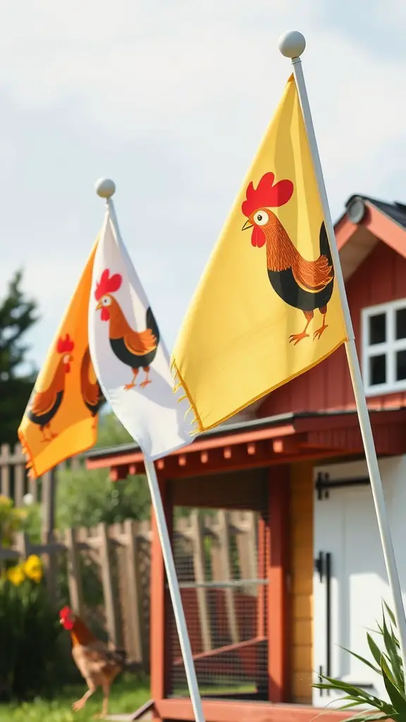 15 Creative Chicken Coop Decor Ideas to Enhance Your Backyard 3 Colorful chicken coop flags featuring rooster designs in yellow and white