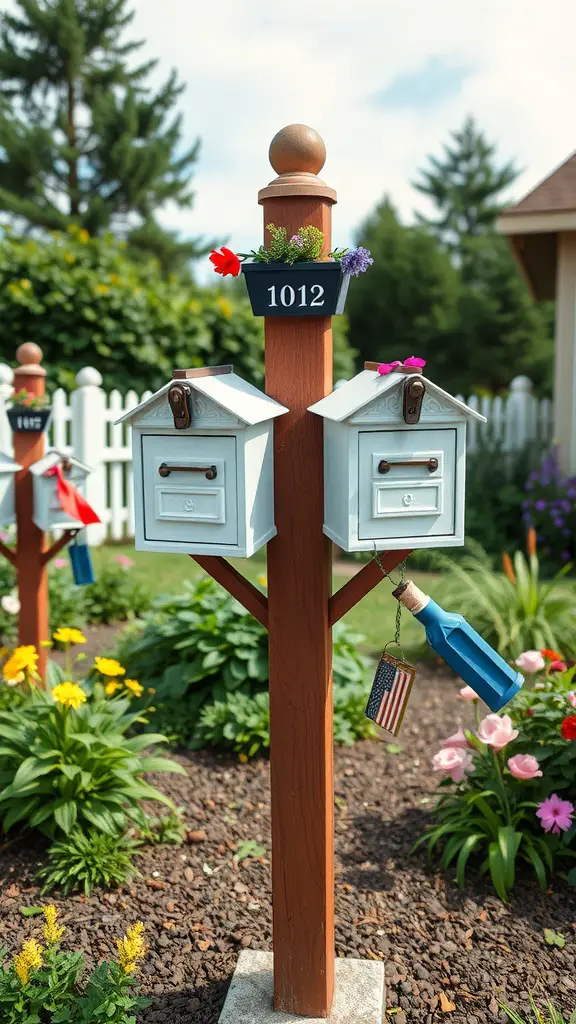 Charming double mailbox post with white mailboxes, a flower planter, and colorful garden flowers.