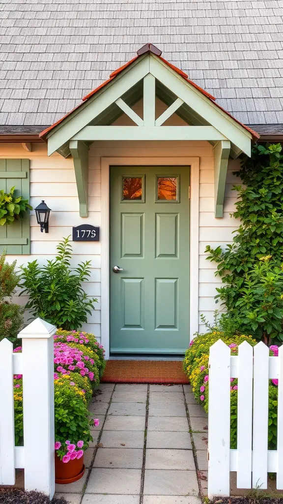 15 Stunning Sage Green Exterior Doors to Inspire Your Home Makeover 8 A charming cottage with a sage green door, surrounded by vibrant flowers and greenery.