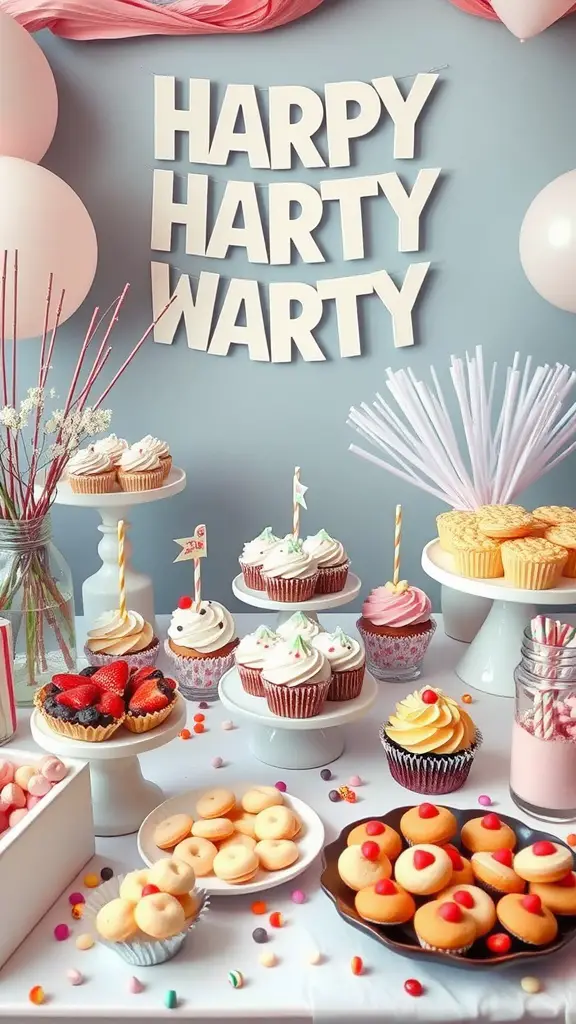 17 Fun Outdoor Birthday Party Ideas for an Unforgettable Celebration 14 A charming outdoor birthday party dessert table featuring colorful cupcakes, fruit tarts, and a festive banner.