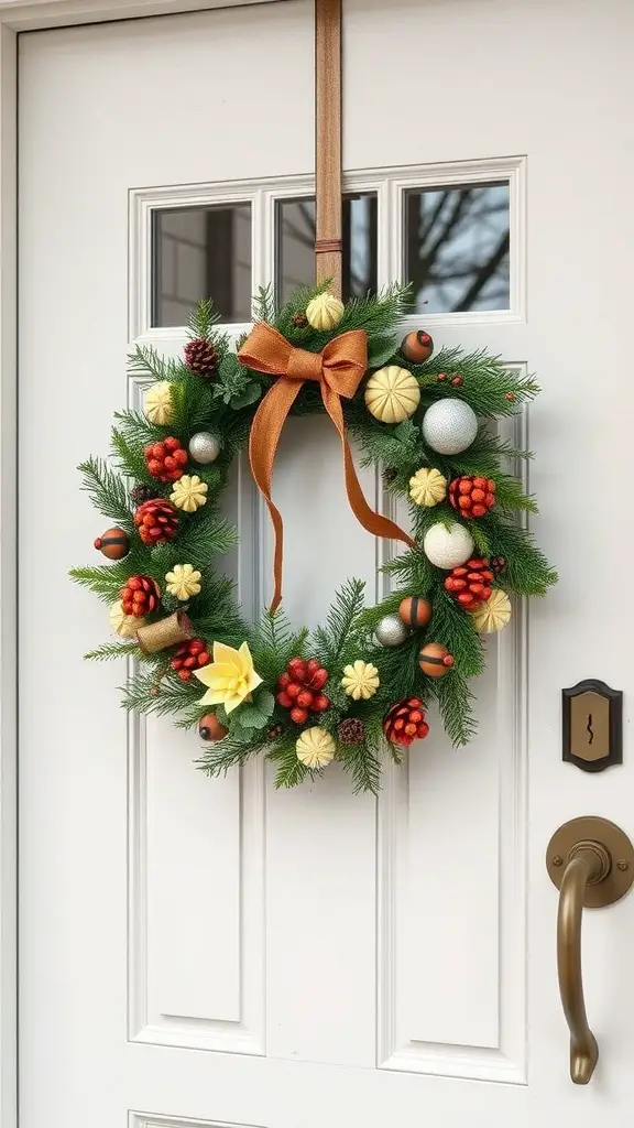 A decorative wreath with pinecones, mini pumpkins, and a brown bow hanging on a white door