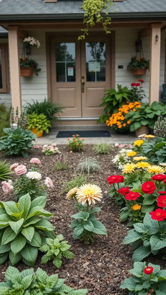 Colorful flower garden in front of a house with edible plants