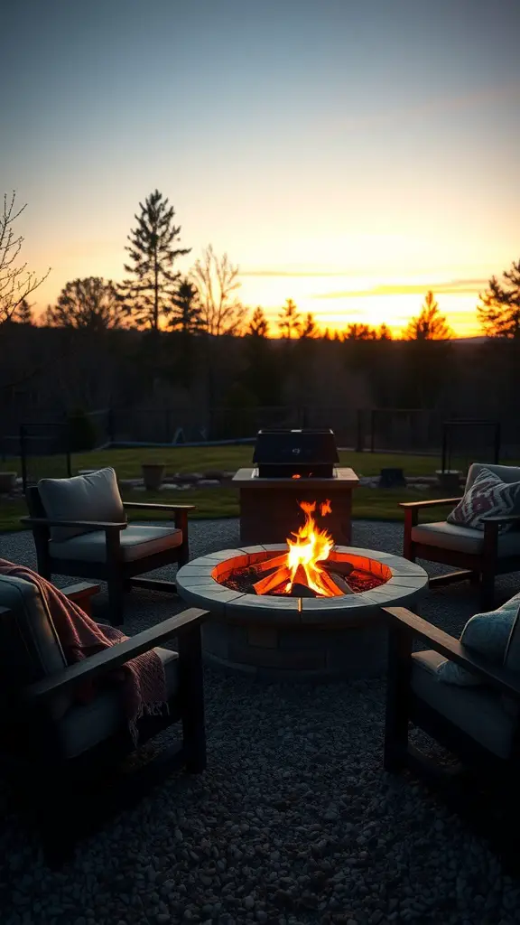17 Fun Outdoor Birthday Party Ideas for an Unforgettable Celebration 4 A fire pit surrounded by chairs, with a sunset in the background.