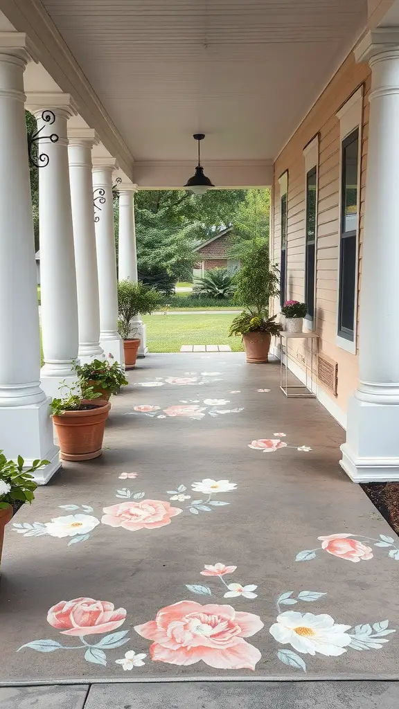 Painted concrete porch with floral motifs of pink roses and white daisies