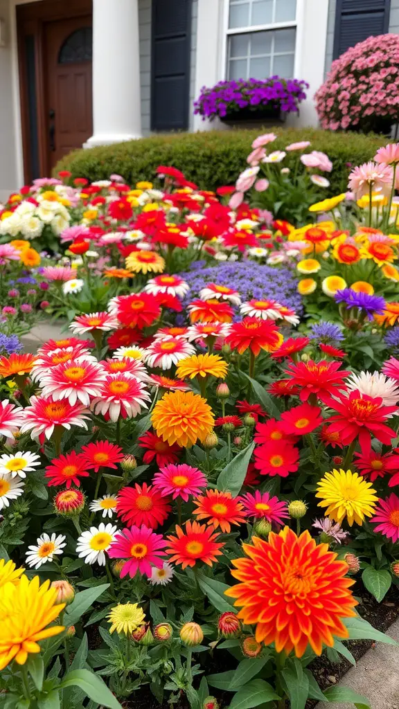 13 Simple Landscaping Ideas for Your Front Yard 2 A vibrant flower bed filled with red, yellow, pink, and white flowers in front of a house.