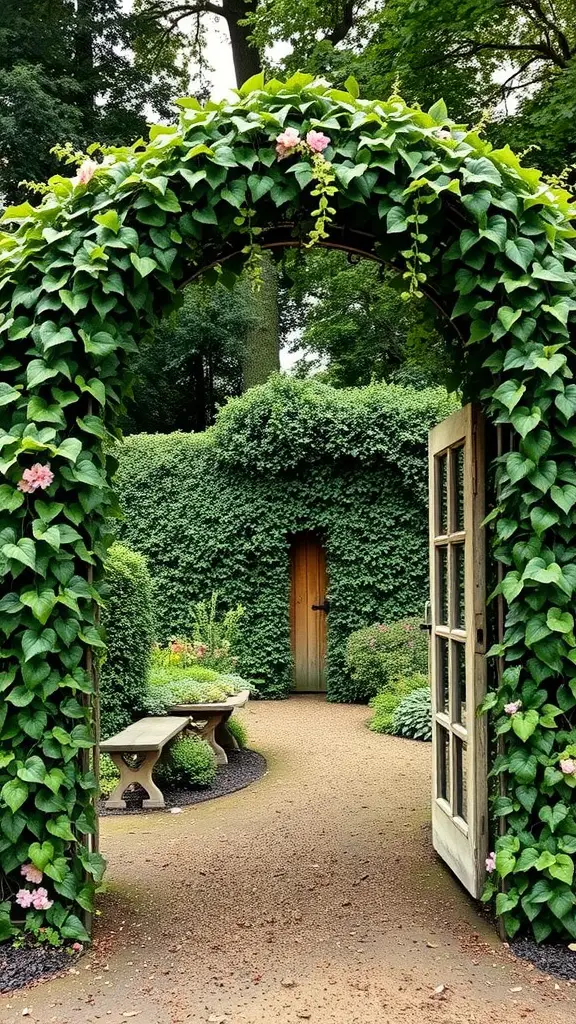 A garden arch covered in lush green vines, leading to a pathway with a wooden door and a bench.