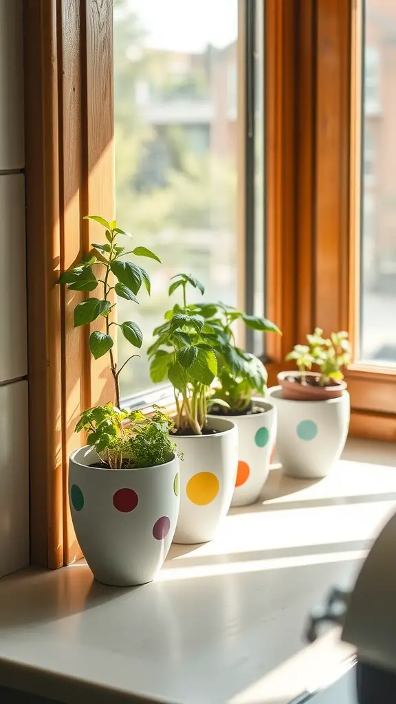 27 Whimsical Kitchen Ideas to Transform Your Cooking Space 10 Colorful pots with herbs on a kitchen windowsill
