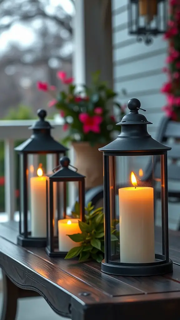 A cozy porch scene featuring charming black lanterns with candles, set on a rustic wooden table, surrounded by greenery and flowers.
