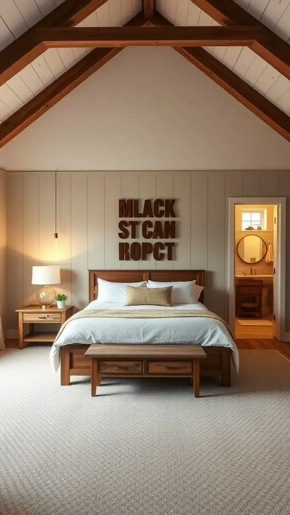 A charming master suite with rustic wooden accents and an en-suite bathroom.