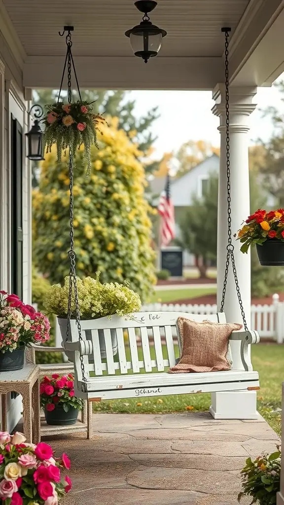 A charming old-fashioned swing on a farmhouse porch, surrounded by colorful flowers and hanging plants.