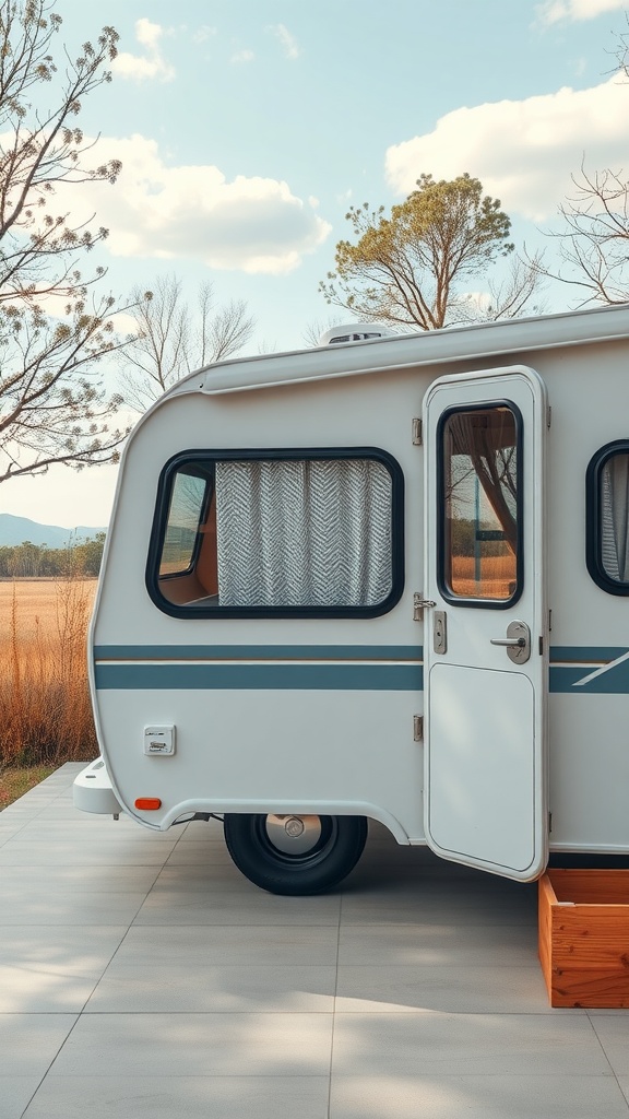 A charming small white camper trailer parked outdoors with wooden steps and natural surroundings.