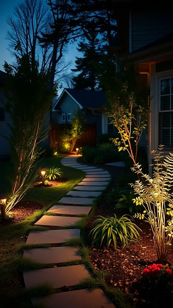 19 Stunning Small Front Yard Landscaping Ideas 4 A beautifully lit pathway with stepping stones surrounded by plants in a front yard at night.