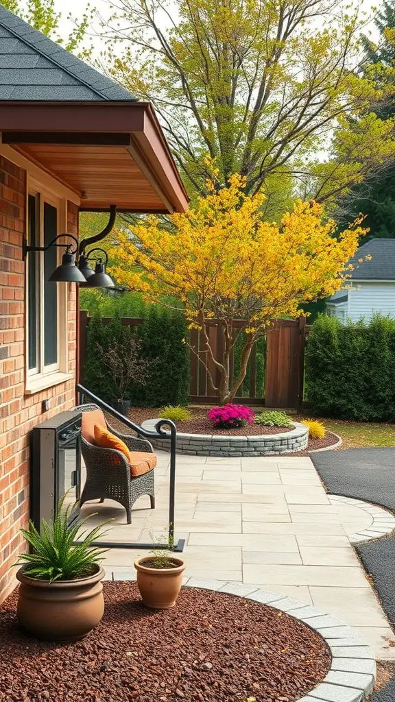 21 Stunning Long Driveway Landscaping Ideas You’ll Love 12 A cozy patio area with a comfortable chair, potted plants, and colorful flowers.