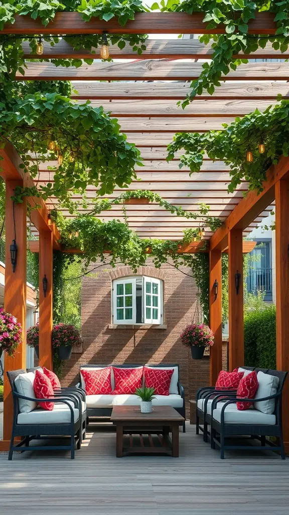 21 Stunning Ideas to Create Your Backyard Oasis 5 A beautiful pergola with green vines, comfortable seating, and vibrant cushions, creating a cozy outdoor space.