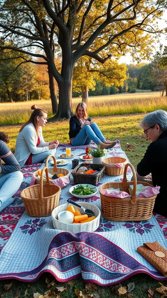 A group of friends enjoying a picnic under a large tree, surrounded by autumn leaves and picnic baskets.