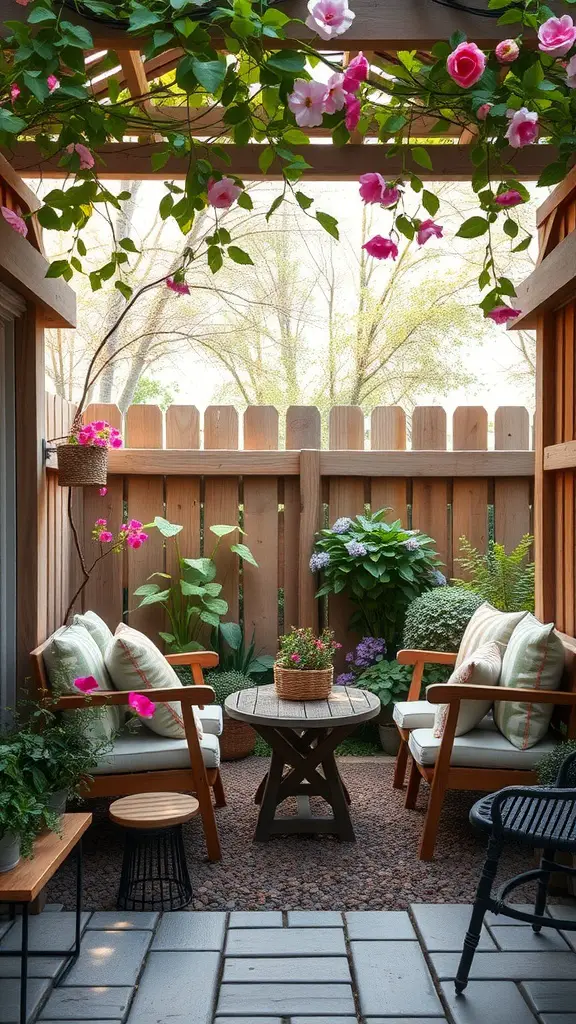 27 Creative Enclosed Garden Ideas for Your Outdoor Oasis 5 A rustic enclosed garden retreat featuring wooden chairs, a small round table, vibrant flowers, and greenery.