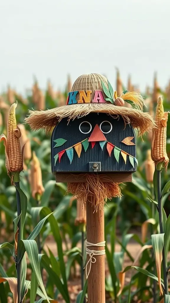 A mailbox decorated as a scarecrow, featuring a straw hat, colorful bunting, and a cheerful face, set against a background of cornfields.