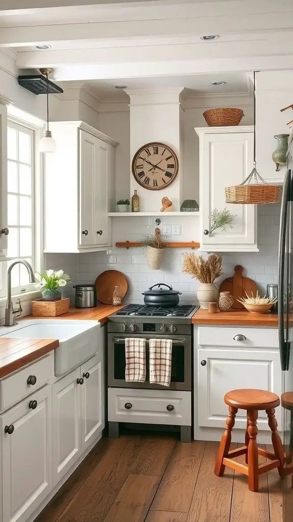 A charming kitchen featuring white Shaker cabinets, wooden countertops, and natural decor elements.