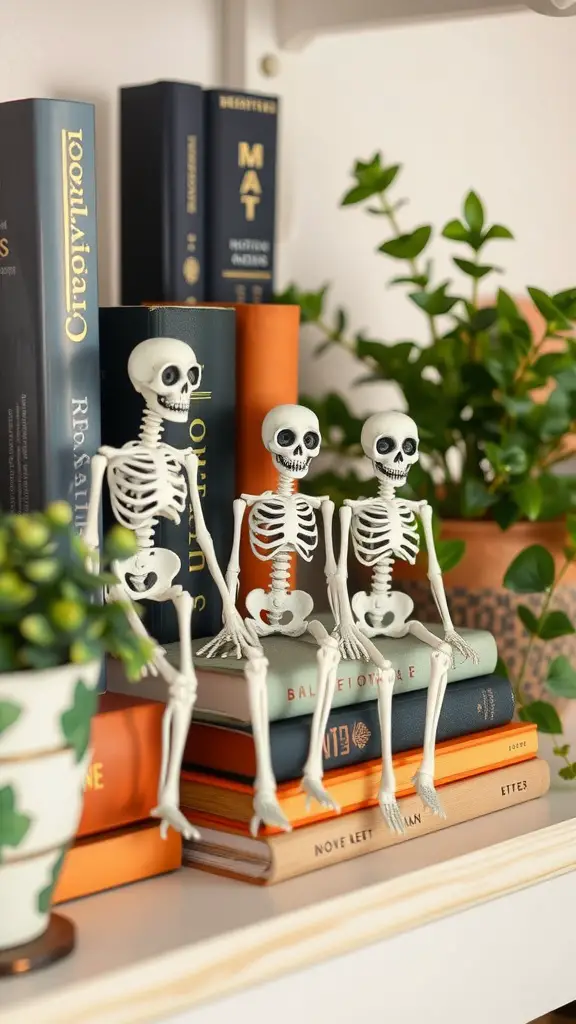 Three cheerful skeleton decorations sitting on a shelf surrounded by books and plants.