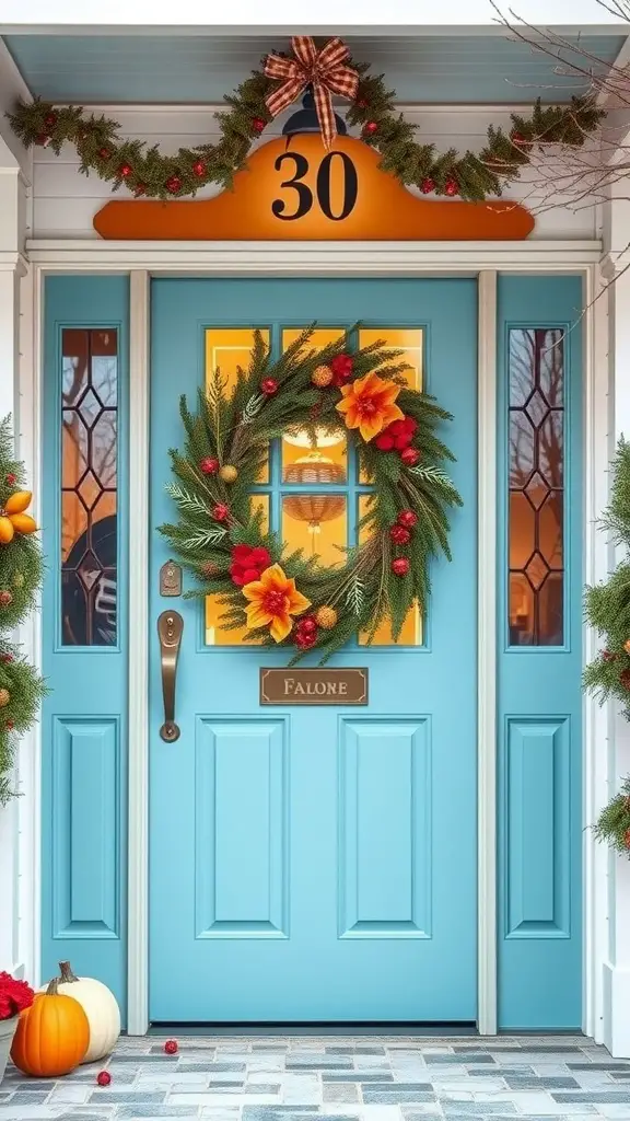 13 Stunning Front Door Color Ideas to Transform Your Home 11 A charming sky blue front door decorated with a wreath and seasonal accents.