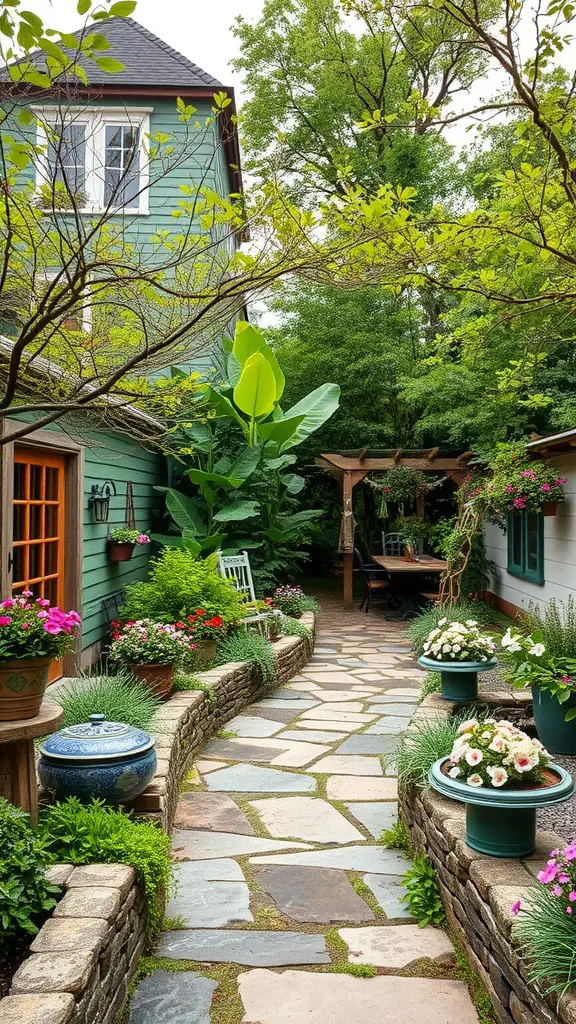 Stone pathway winding through a garden filled with flowers and greenery