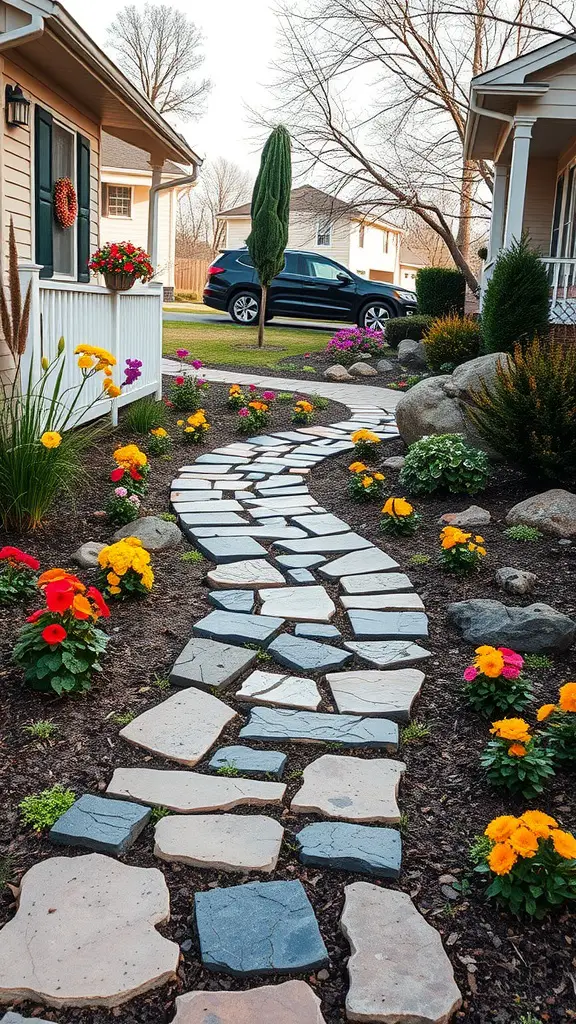 13 Stunning No Grass Front Yard Ideas for a Low-Maintenance Landscape 8 A winding stone pathway surrounded by colorful flowers in a front yard.