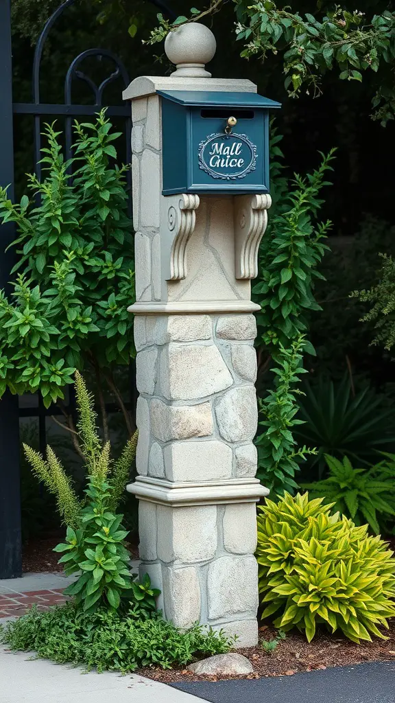 A charming stone pillar mailbox with a dark blue box surrounded by greenery.