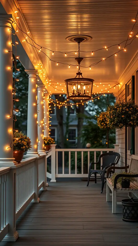 A cozy porch with warm string lights and a hanging lantern, surrounded by potted plants.