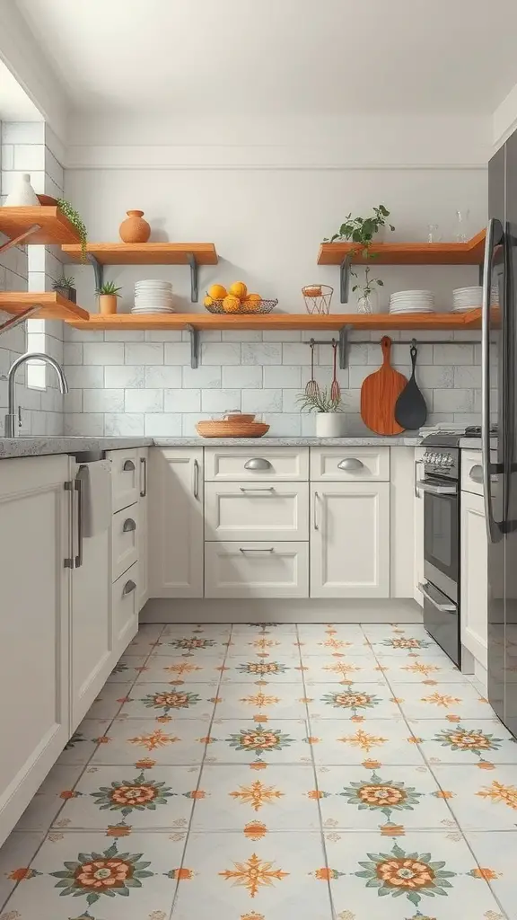 A kitchen with charming tile patterns featuring orange and green designs on the floor, complemented by white cabinetry and wooden shelves.