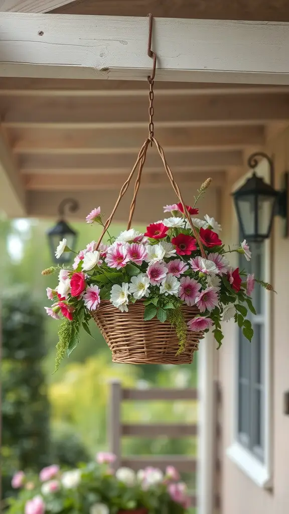 A vintage-style hanging basket with pink and white flowers on a porch.