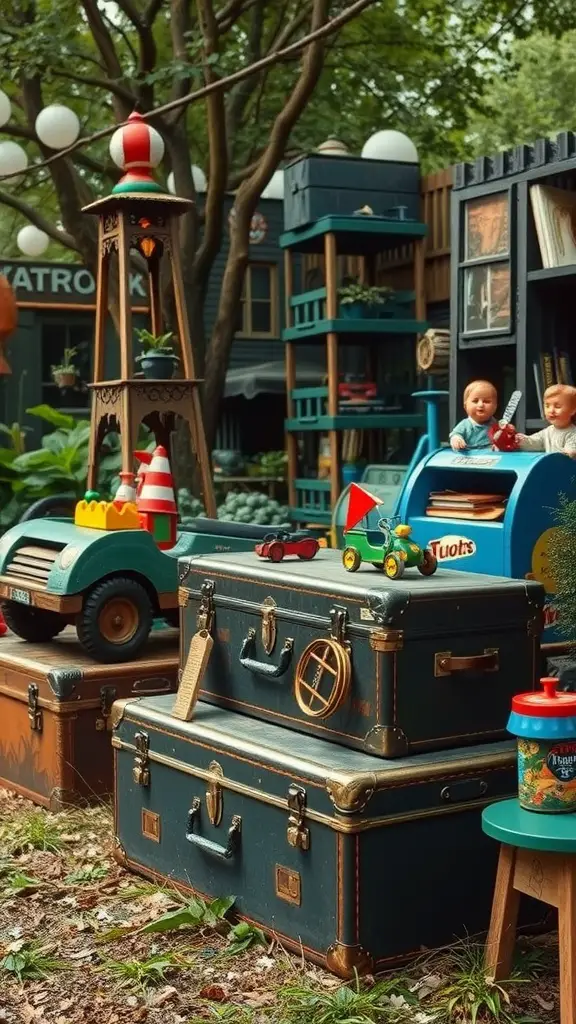 23 Creative Outdoor Toy Storage Ideas for a Clutter-Free Yard 14 A display of vintage trunks in a garden setting, surrounded by toys and greenery.